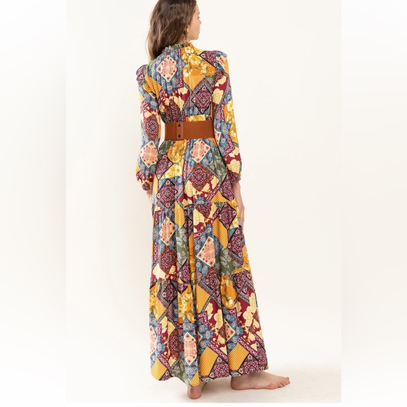 37 Boho Border Print Woven Shirring Tiered Maxi Dress - Picture 6 of 6
